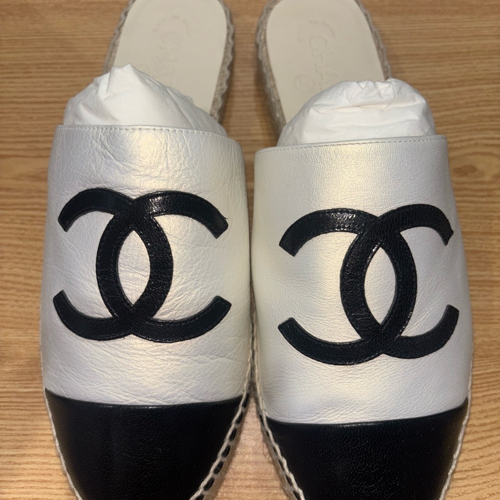 CHANEL Black and White Mules Classic Espadrille Design